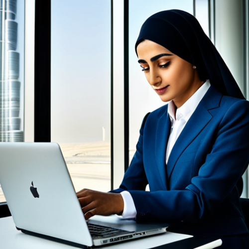 Home 4 **
"A professional Arab businesswoman, fully clothed in a modest, stylish business suit, working on a laptop in a bright, modern office in Dubai. Background shows the Burj Khalifa. Appropriate attire, safe for work, perfect anatomy, correct proportions, natural pose, professional photography, high quality, family-friendly."
**