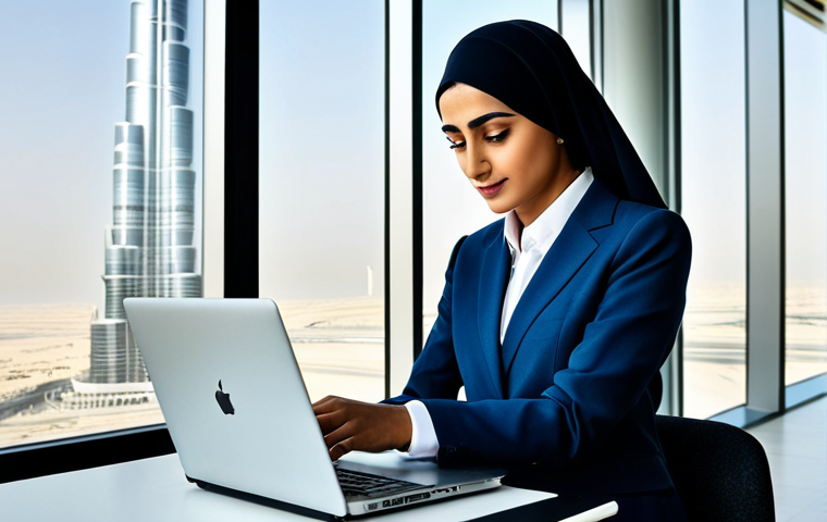 **
"A professional Arab businesswoman, fully clothed in a modest, stylish business suit, working on a laptop in a bright, modern office in Dubai. Background shows the Burj Khalifa. Appropriate attire, safe for work, perfect anatomy, correct proportions, natural pose, professional photography, high quality, family-friendly."
**