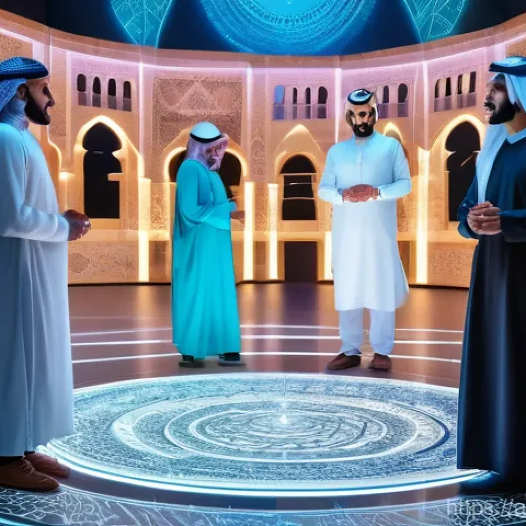 AI와의 협업에서의 문화적 차이 극복 - A vibrant, futuristic scene showcasing young, diverse Arab individuals (men and women, dressed in mo...