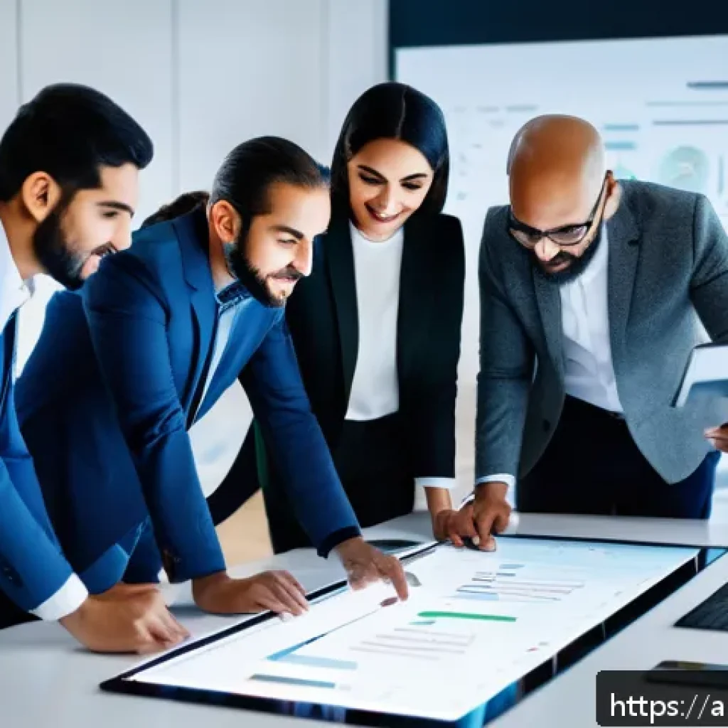 AI가 지원하는 프로젝트 관리 툴 - A diverse Arab team of professionals in a modern office environment, collaborating around a large di...