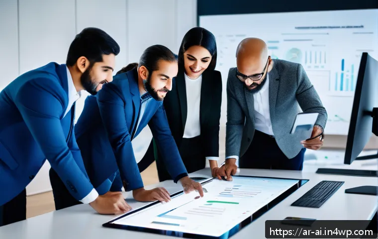 AI가 지원하는 프로젝트 관리 툴 - A diverse Arab team of professionals in a modern office environment, collaborating around a large di...