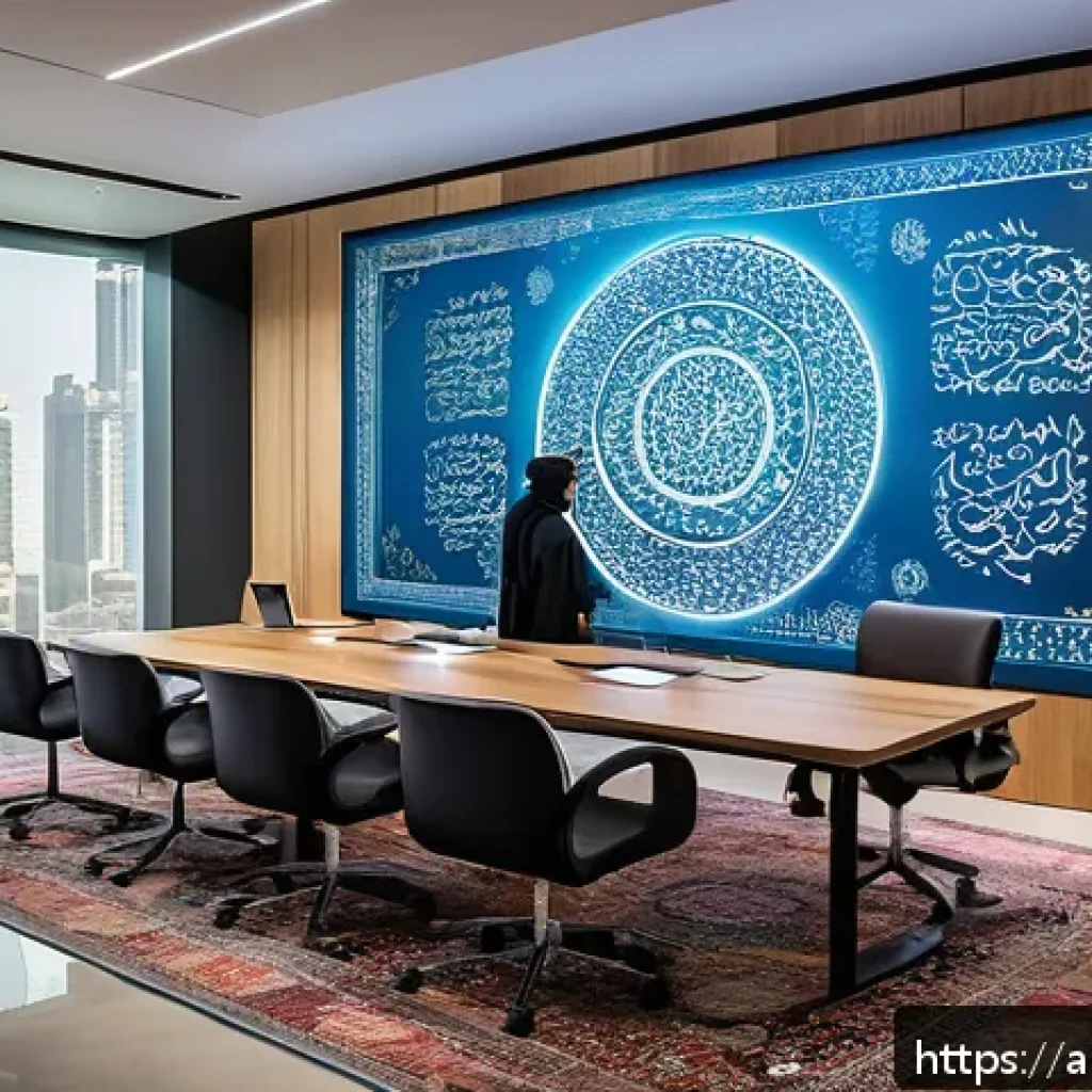 인간 AI 협업을 위한 기술 트렌드 - A modern Arab office environment showing a diverse team of men and women collaborating with advanced...