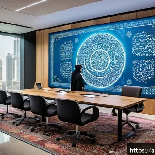 인간 AI 협업을 위한 기술 트렌드 - A modern Arab office environment showing a diverse team of men and women collaborating with advanced...