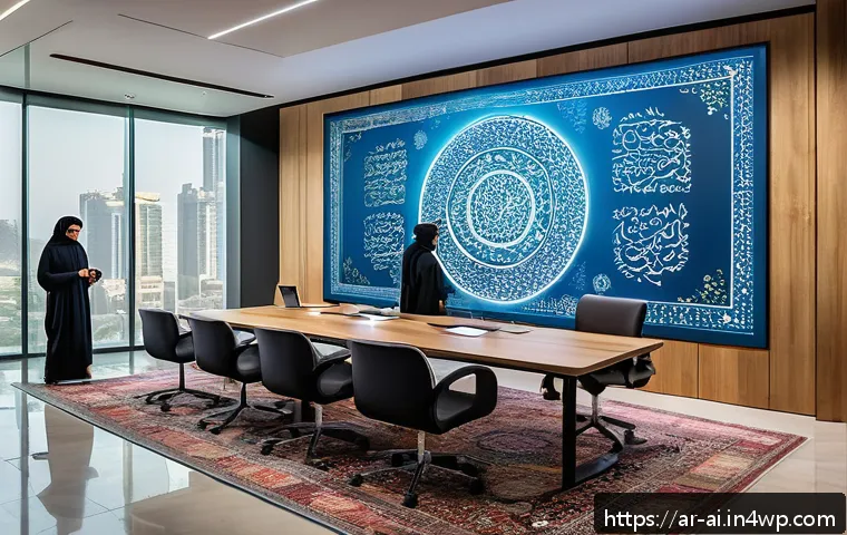 인간 AI 협업을 위한 기술 트렌드 - A modern Arab office environment showing a diverse team of men and women collaborating with advanced...