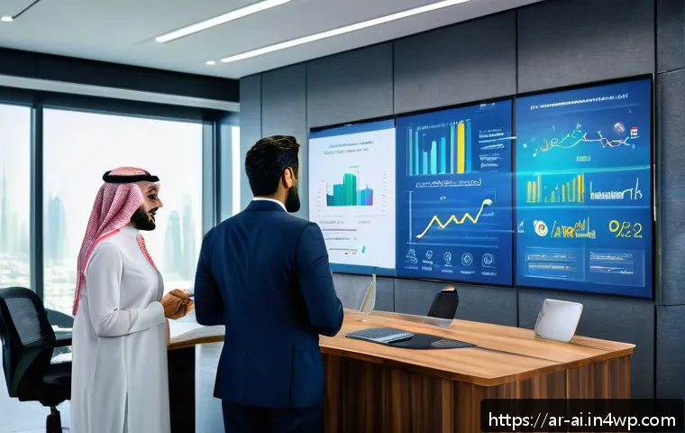 인간 AI 협업의 복잡성 이해하기 - A modern office environment in a Middle Eastern corporate setting featuring diverse Arab professiona...