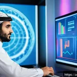 실제 사례를 통한 AI와 협업의 효과 - A modern Arab business office environment showing diverse professionals analyzing large digital data...