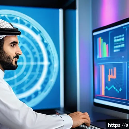 실제 사례를 통한 AI와 협업의 효과 - A modern Arab business office environment showing diverse professionals analyzing large digital data...