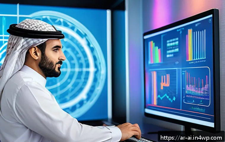 실제 사례를 통한 AI와 협업의 효과 - A modern Arab business office environment showing diverse professionals analyzing large digital data...